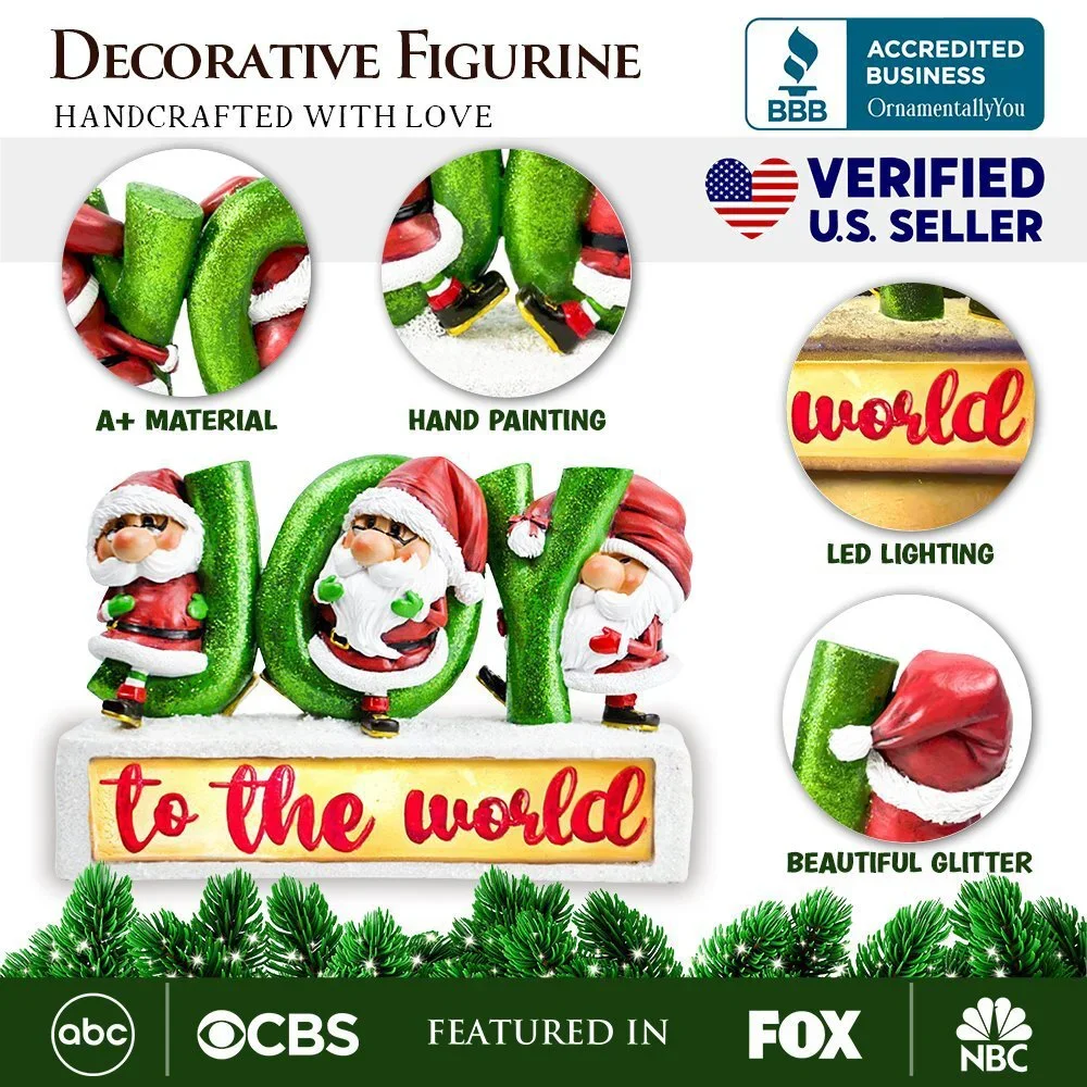 Joy to the World with Holiday Gnomes Lighted Statue, Tabletop LED Christmas Dec